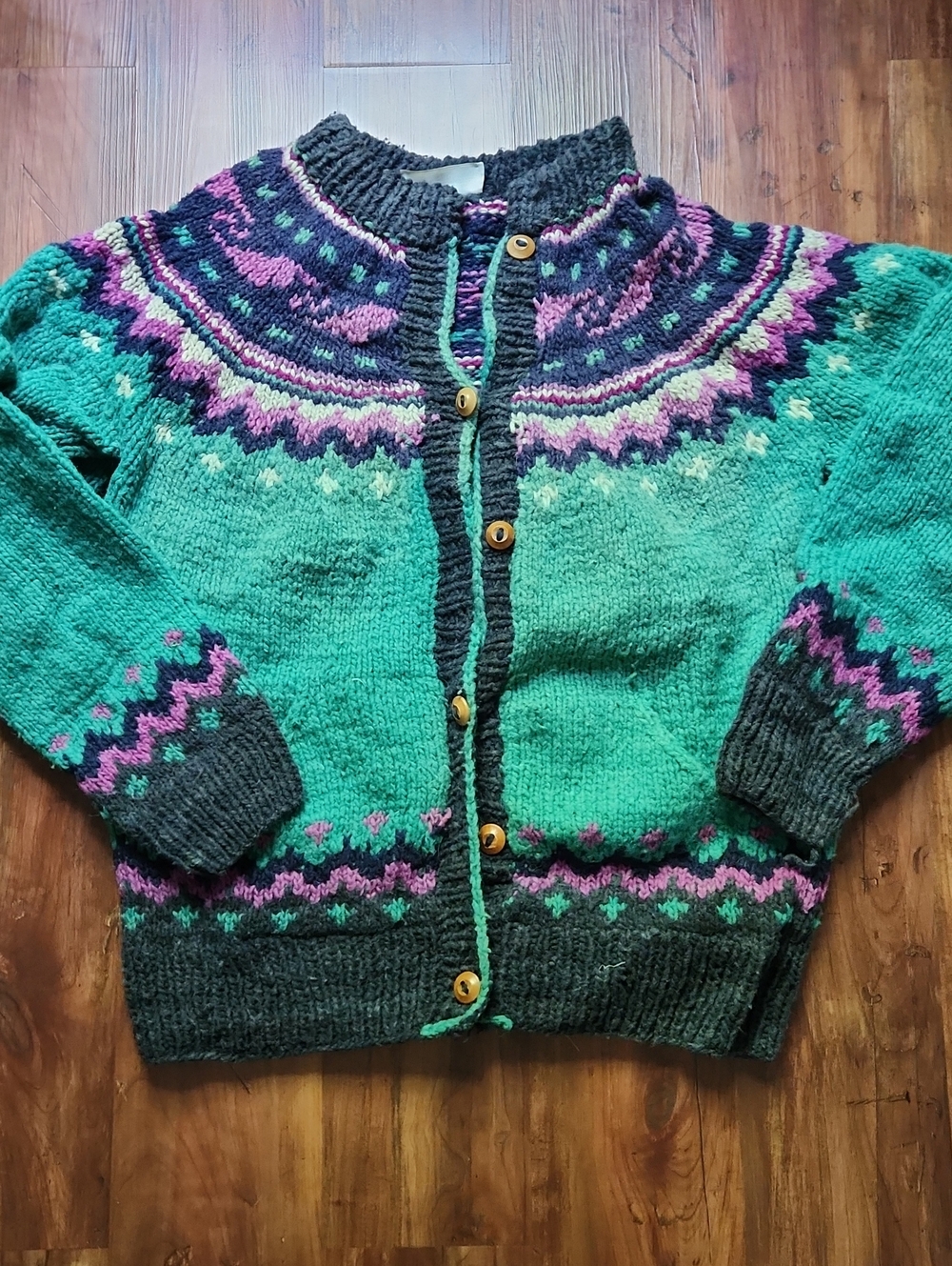 Teal and Charcoal Fair Isle Wool Cardigan Sweater